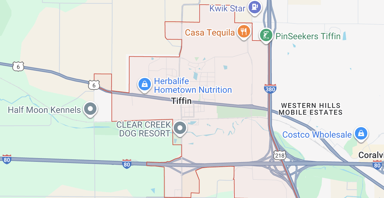 Map showing dump trailer service area covering all of Tiffin, Iowa